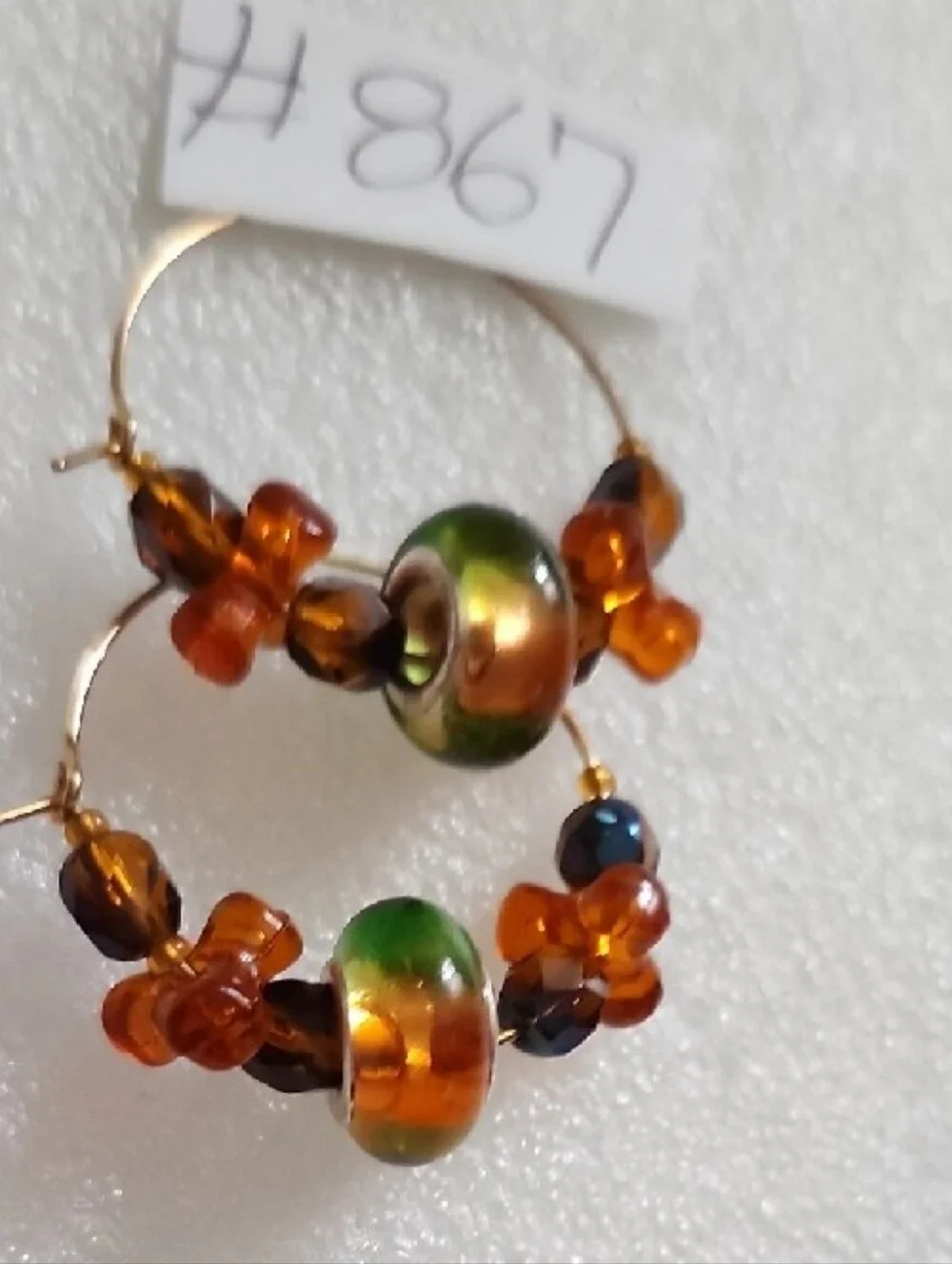 Hand Crafted Green and Amber Beaded Hoop Earrings